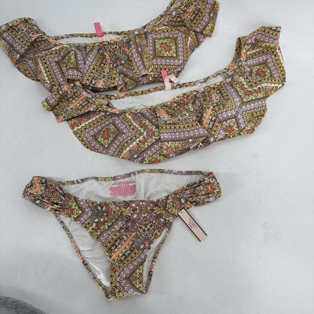 NWT VICTORIAS SECRET Bikini Swimsuit Ruffle Off Shoulder Top S bottoms M - Picture 2 of 7